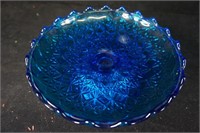 Blue Carnival Glass Footed Serving Dish