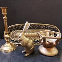 Brass: Bunny, Candlesticks and Large Bread Bowl