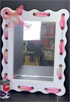 White framed mirror w pink ribbon