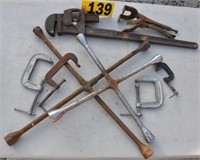 Tools incl. 24" Stillson, 4-ways, c-clamps, & more