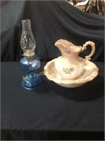 Blue Oil Lamp, Bowl and Pitcher set w/ couple