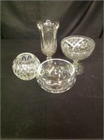 (2) Glass Bowls, Glass Compote & Glass Vase