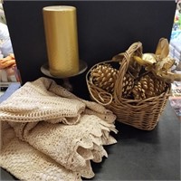 Tree Skirt, Basket of Gold and Candle with Stand