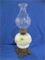 Oil lamp with hand painted milk glass