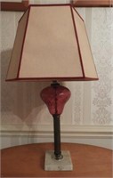 Cranberry font table lamp with brass column