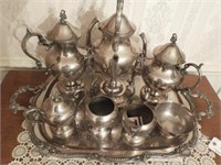 8pc plated silver tea service set with decorated