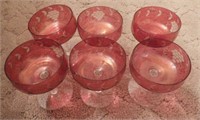 Set of (6) cranberry glass acid etched stemmed