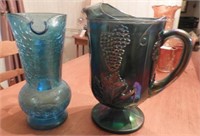 Pedestaled carnival glass juice pitcher with