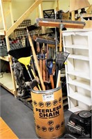 Trash Can Of Yard Tools,Brooms,Misc...