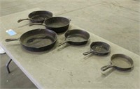 (6) Cast Iron Wagner Frying Pans, Approx 6"-12"
