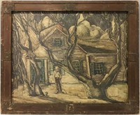 VERNON SMITH PAINTING - FIGURE IN FRONT OF A HOUSE