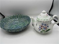NIB teapot &Roseville Spongeware pottery bowl