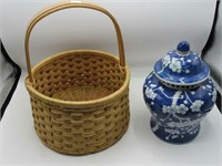 Small basket & blue/white ginger jar