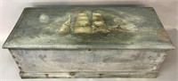 EARLY PINE SEA CHEST WITH OLD NAUTICAL DECORATION