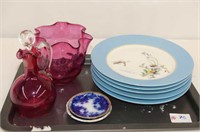 5 Limoges Luncheon Plates, 2 Cranberry Pieces and