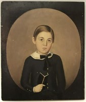 19TH C. FOLK ART PORTRAIT OF A BOY WITH A BOOK