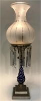 19TH C. SOLAR LAMP WITH COBALT OVERLAY BASE