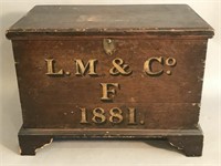 19TH C. PAINTED PINE STORAGE BOX DATED 1881