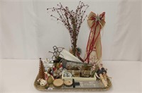 Tray of Christmas Décor with Banner and Tin Sign
