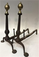 PAIR EARLY WROUGHT PENNY FOOT ANDIRONS