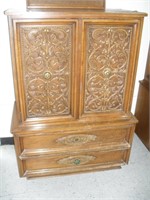 CARVED OAK CHEST-DAMAGED