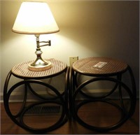 Pair of cane top bentwood foot stools and brass