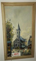 Original oil on board depicting church and horse