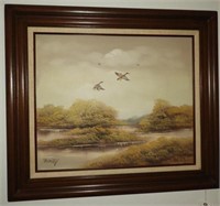 Original framed oil on canvas of flying mallards