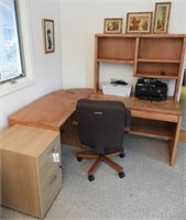 Oak desk unit, office chair and two drawer