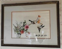 Hand Embroidered Chinese songbird framed in