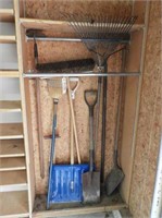 Qty of garden tools: snow shovel, rake, garden