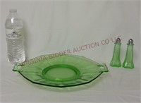 Green Glass Handled Plate, Salt & Pepper Set