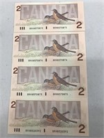 4 - $2 Canadian Banknotes Consecutive Numbers