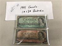 1954 Canada $1 & $2 Banknotes