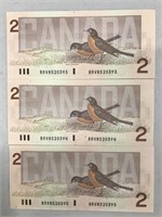 3 - $2 Canadian Banknotes Consecutive Numbers