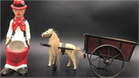 Metal wagon with horse, clown flower pot, knife