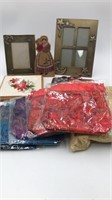 Two metal photo frames, 5 NEW Oriental bags,