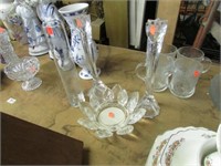 2-- GLASS CANDLE STICKS, ASHTRAY, & VASE