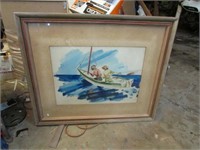 SAIL BOAT PRINT IN WOOD FRAME -- SIGNED 40" X 30"