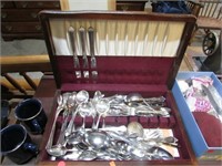 FLATWARE IN WOODEN BOX -- STAINLESS & SILVERPLATE