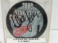 Signed Coach Dave Lewis 2002 Red Wings Puck