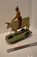 Metal Pull Toy Man Riding a Cow