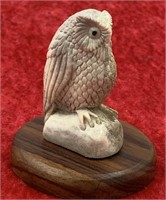 Antler carving of an owl on hardwood base 2.5" tal