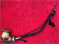 Antique Persian style tobacco pipe, with horn, sil