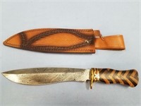 Damascus bladed bolo style knife, with brass guard