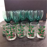 Green Stemware and Holly Glasses