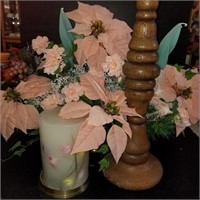 Wood Candle Holder, Large Candle and Faux Flowers