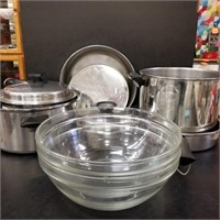 2 Glass Mixing Bowls and Misc. Pots & Pans