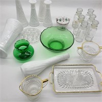 Lot w/ Milk Glass Vases, Green Bowls, & Snack Set