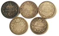 Five Great Britain Victorian shillings